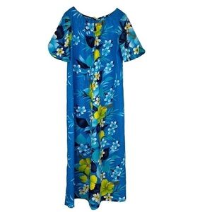 Vintage Hawaiian Maxi Dress Muumuu Blue Floral Size 14